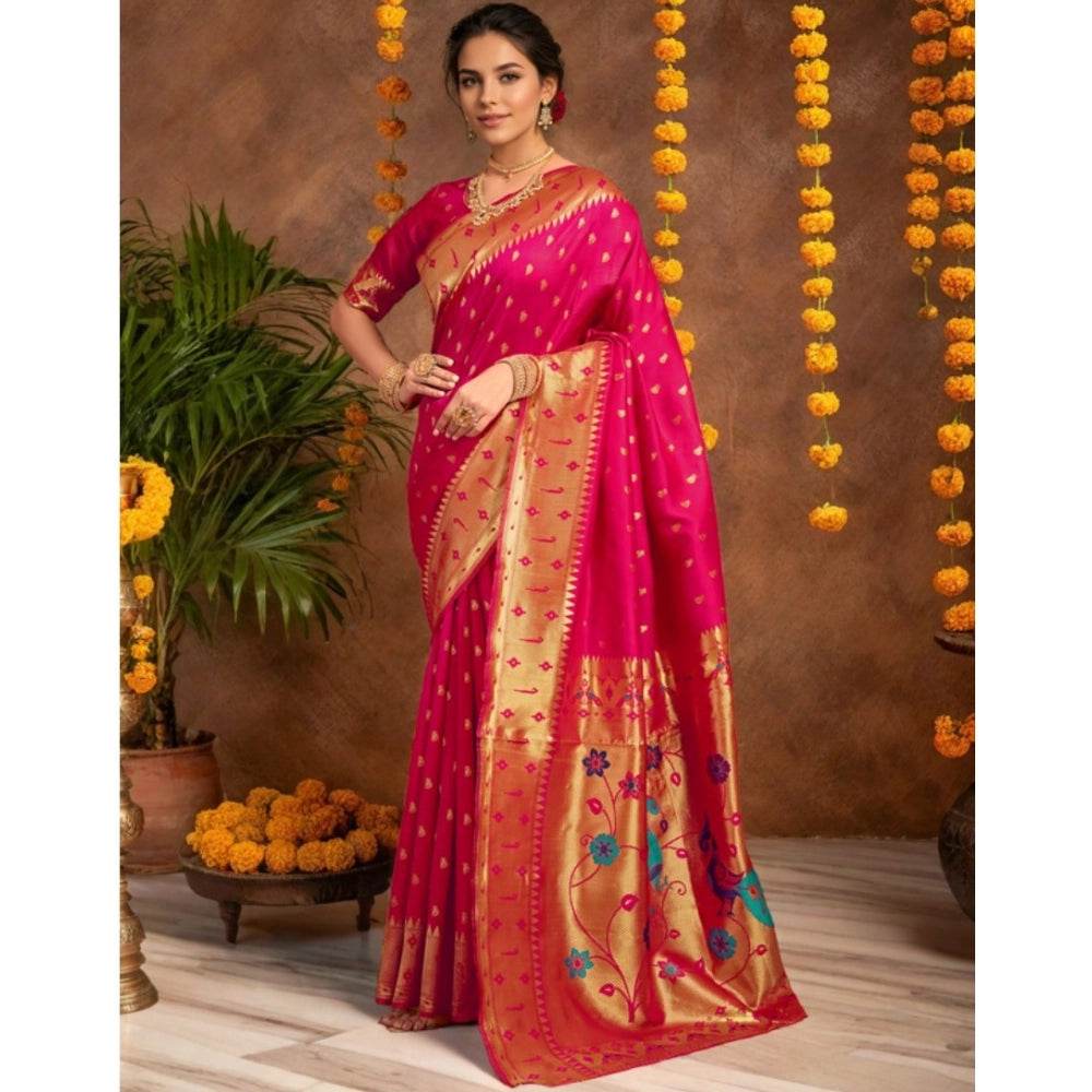 Generic Women's Silk Blend Zari Weaving Saree With Unstitched Blouse 5.5Mtr (Pink) - MYLUXURY LANE ENTERPRISE